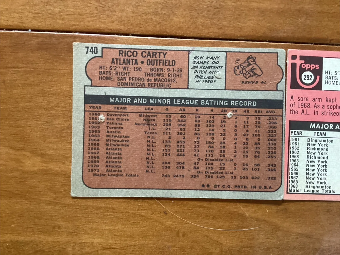 TOPPS MLB Cards 1969 AL DOWNING #292 & 1972 RICO CARTY #740 image indicator(5)