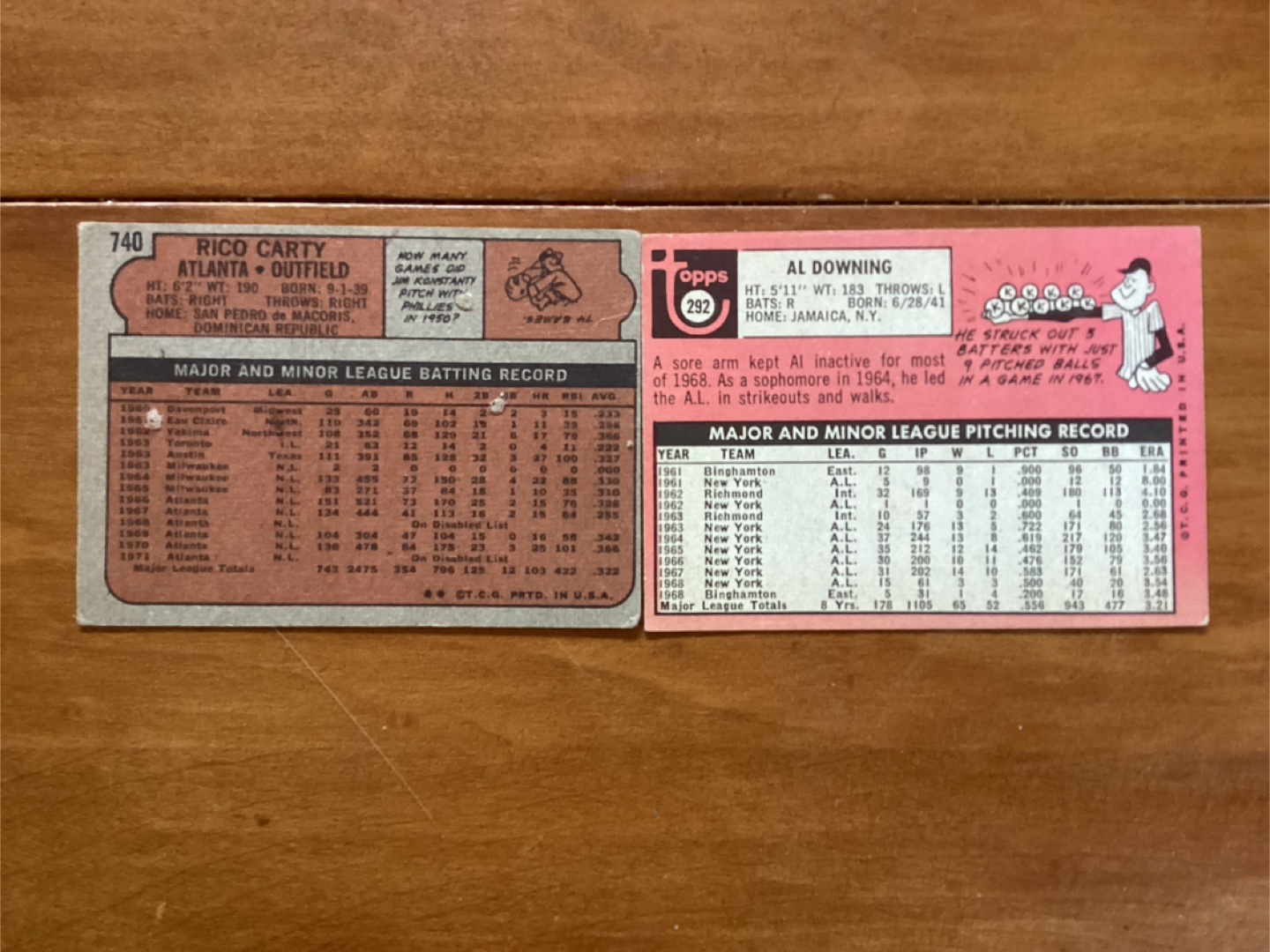 TOPPS MLB Cards 1969 AL DOWNING #292 & 1972 RICO CARTY #740 - photo 4