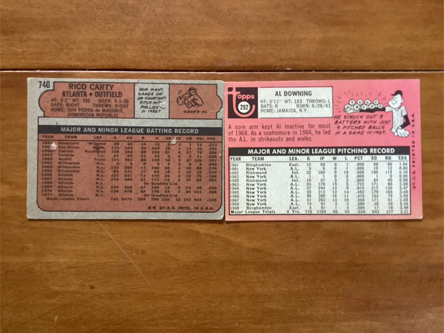 TOPPS MLB Cards 1969 AL DOWNING #292 & 1972 RICO CARTY #740 image indicator(4)