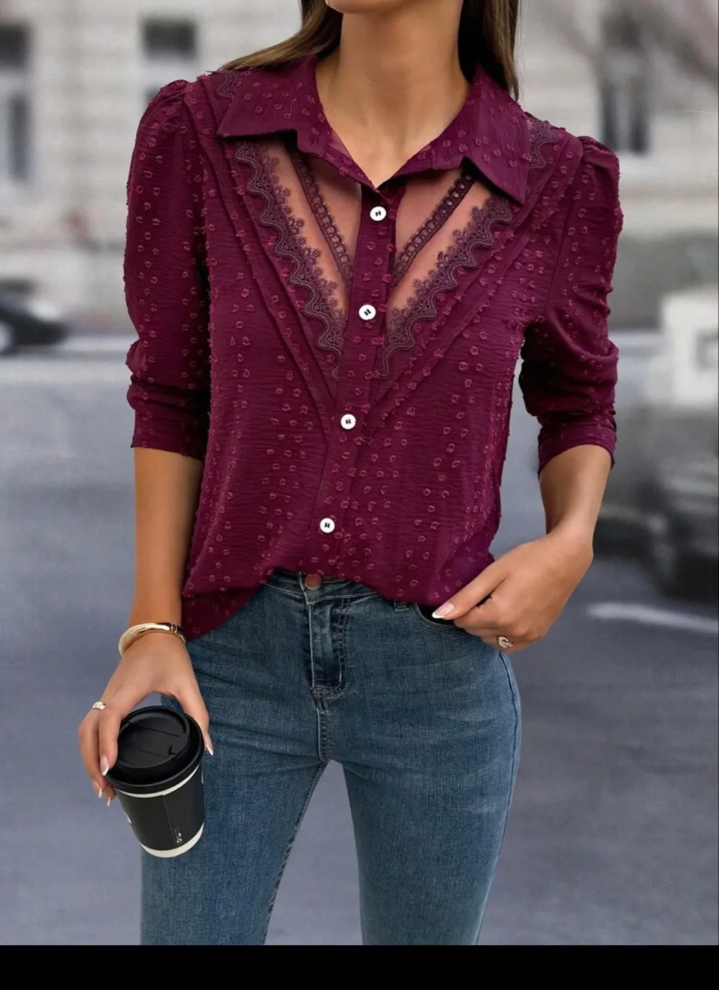 Burgundy Lace Trim Blouse thumbnail