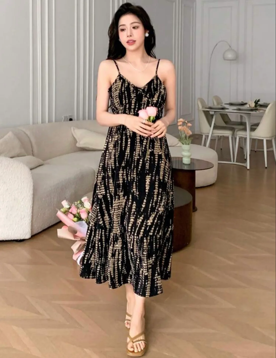 Spaghetti Strap Dress - Black and Beige thumbnail