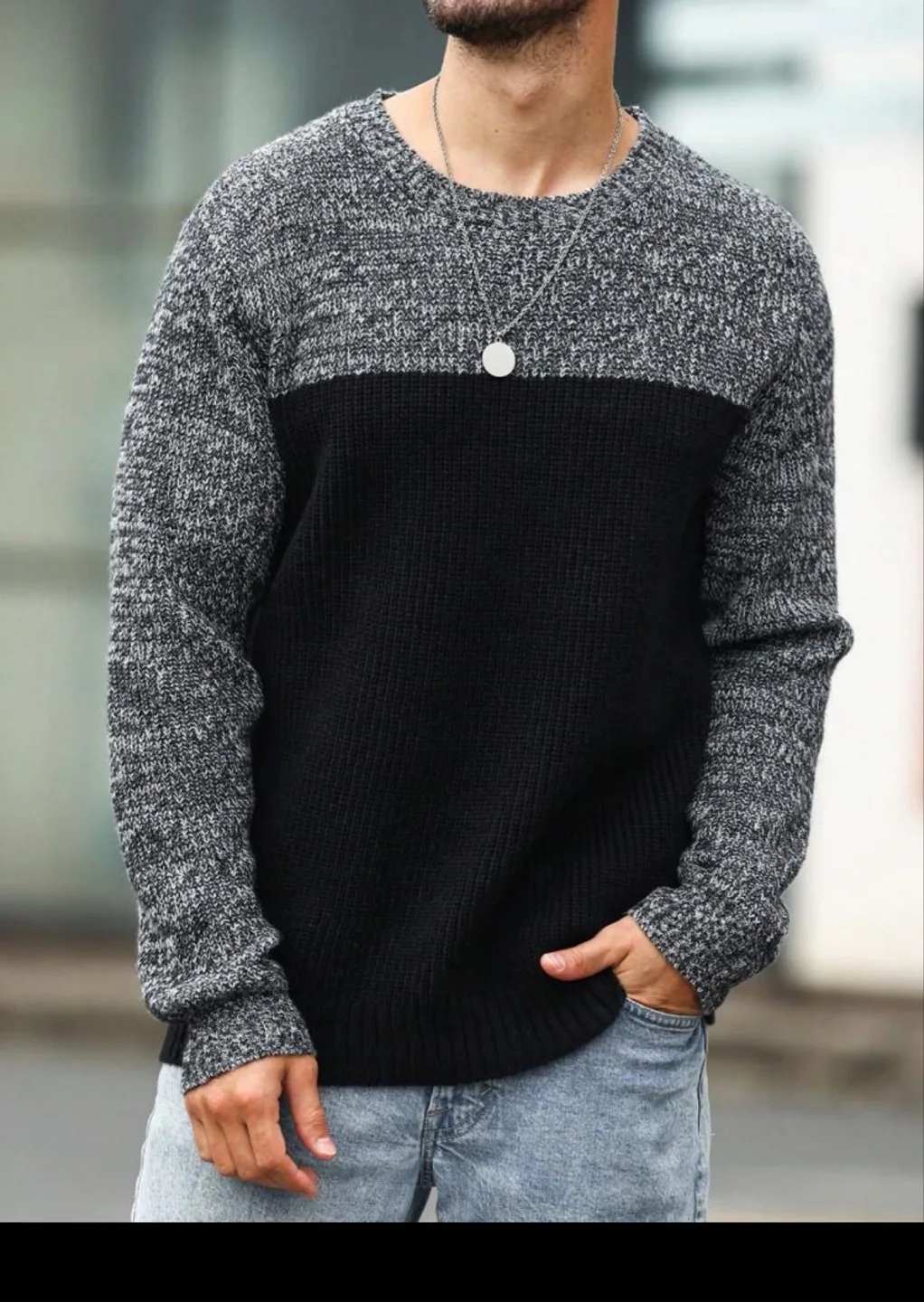 Two-Tone Knit Sweater - Grey & Black thumbnail
