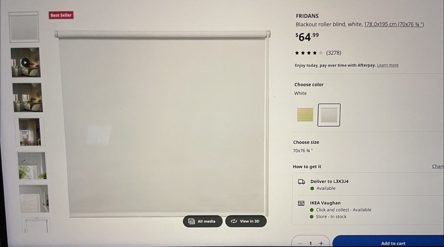 IKEA FRIDANS Blackout Roller Blind - White 70x76"