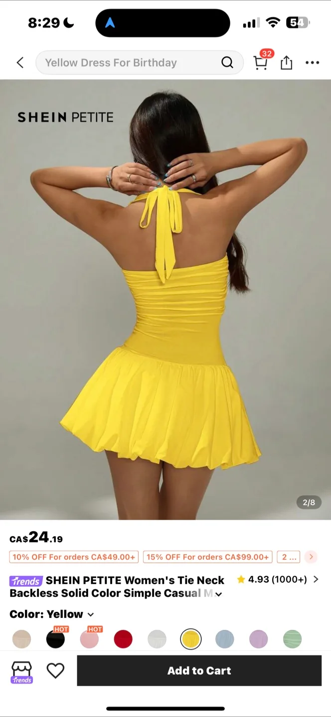 SHEIN PETITE Yellow Tie Neck Backless Dress thumbnail