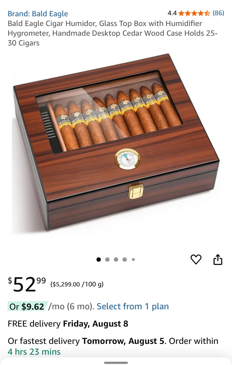 BNIB - Bald Eagle Cigar Humidor, Glass Top Box thumbnail