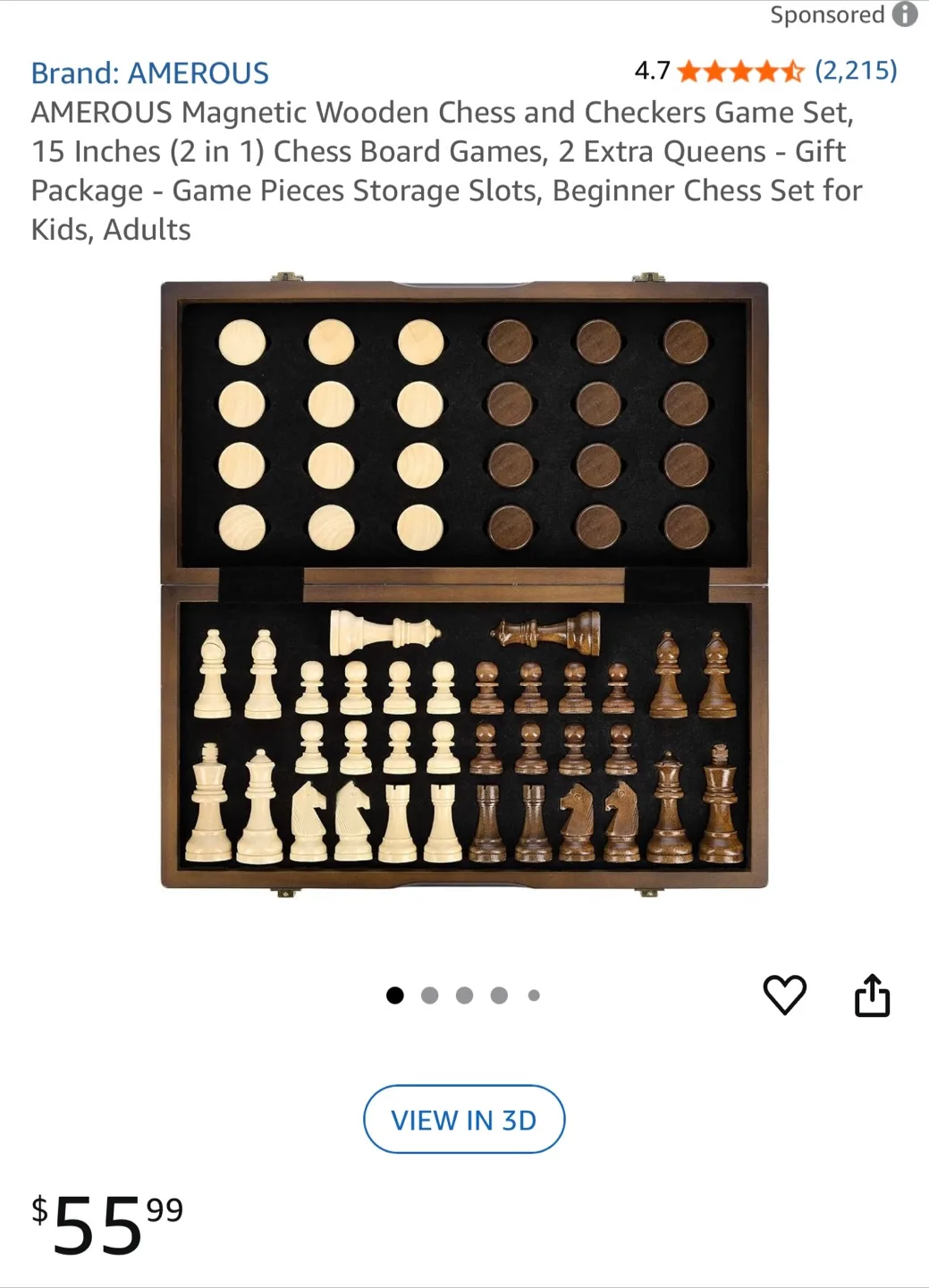 AMEROUS Magnetic Wooden Chess and Checkers Set thumbnail