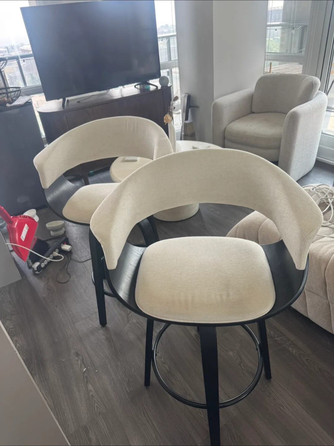 Set of 2 Swivel Bar Stools - Beige/Black thumbnail