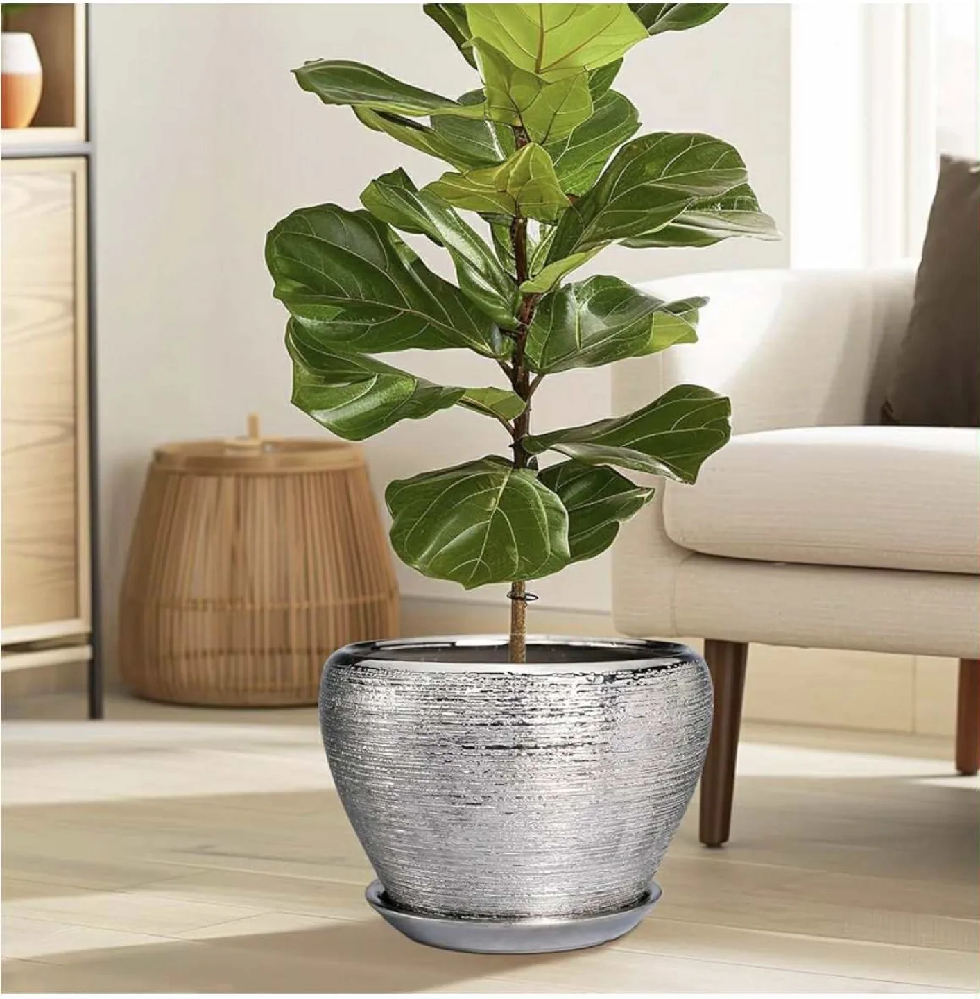 Silver Ceramic Plant Pot with Tray 9.8 inch thumbnail