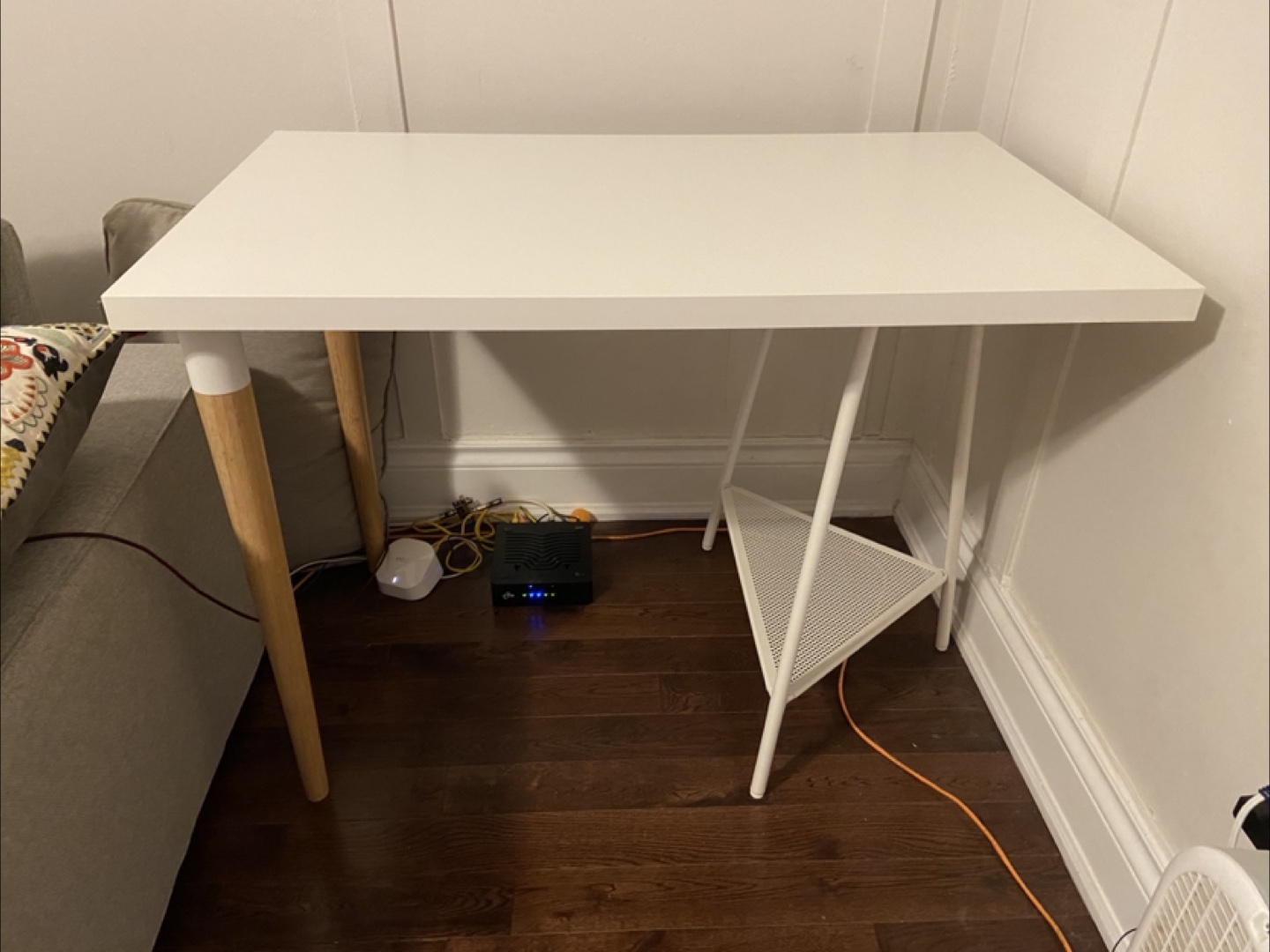 White IKEA Desk with Wooden Legs & Shelf