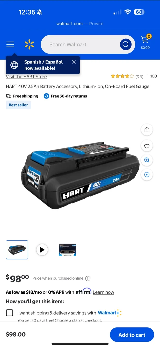 Hart 40V 2.5Ah Lithium-Ion Battery - New! thumbnail