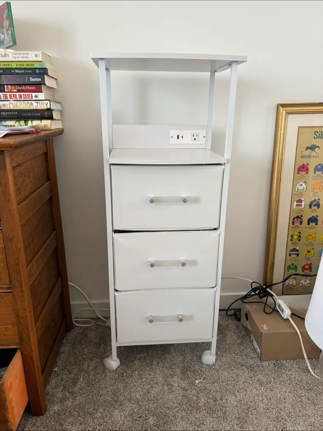 Tall dorm cart / table with storage and phone chargers thumbnail