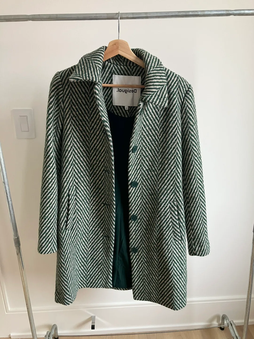 Desigual Green Herringbone Coat Size Small thumbnail