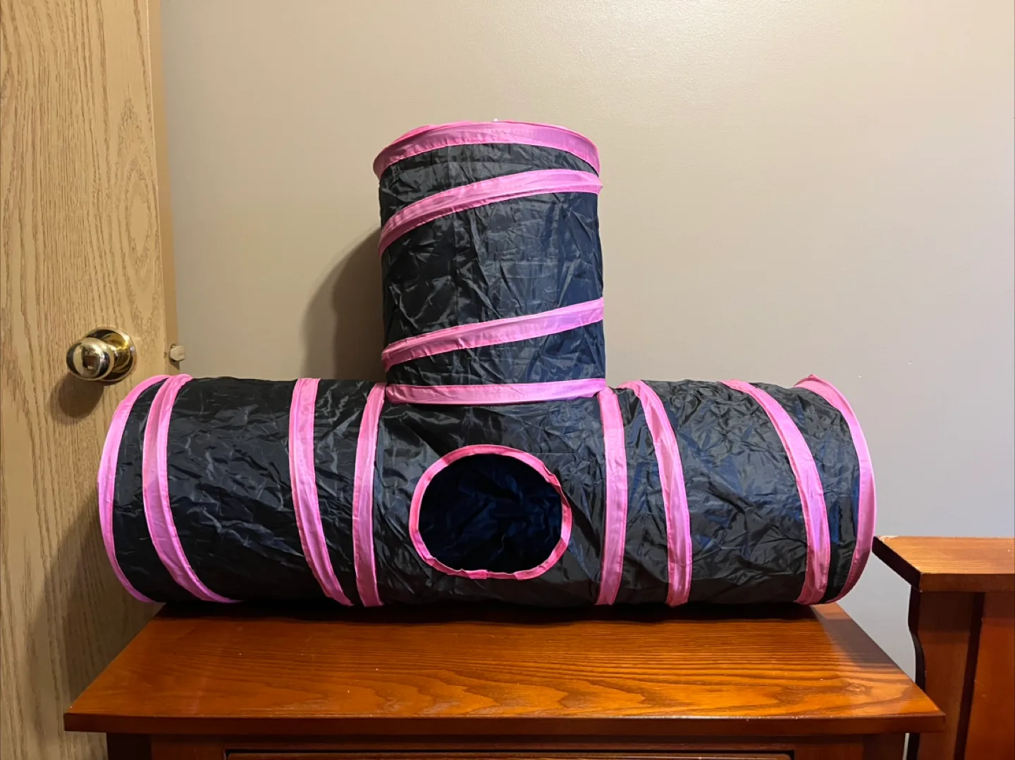 BLACK & PINK 3 WAY CAT TUNNEL WITH TOY thumbnail