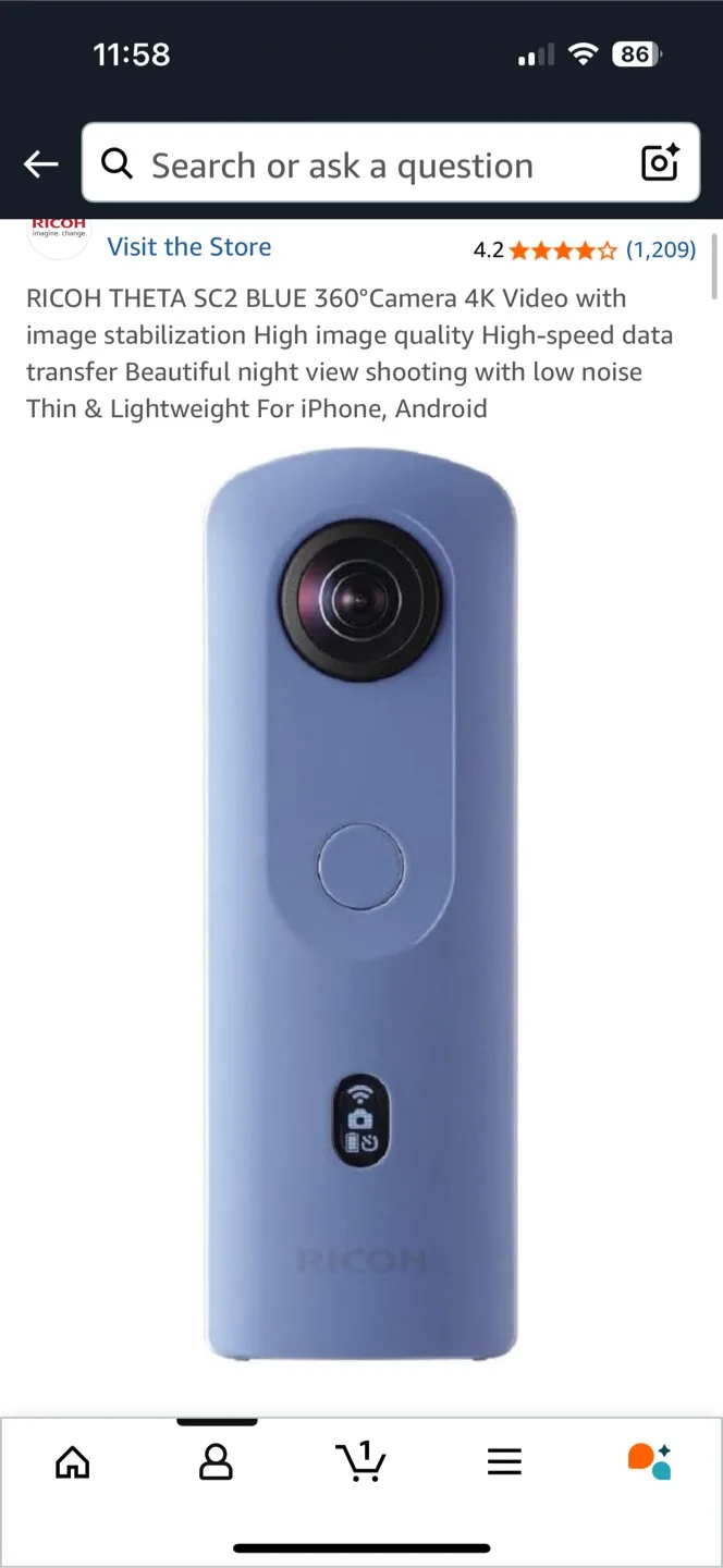 Ricoh Theta SC2 Blue 360° Camera, portable 360 cam thumbnail