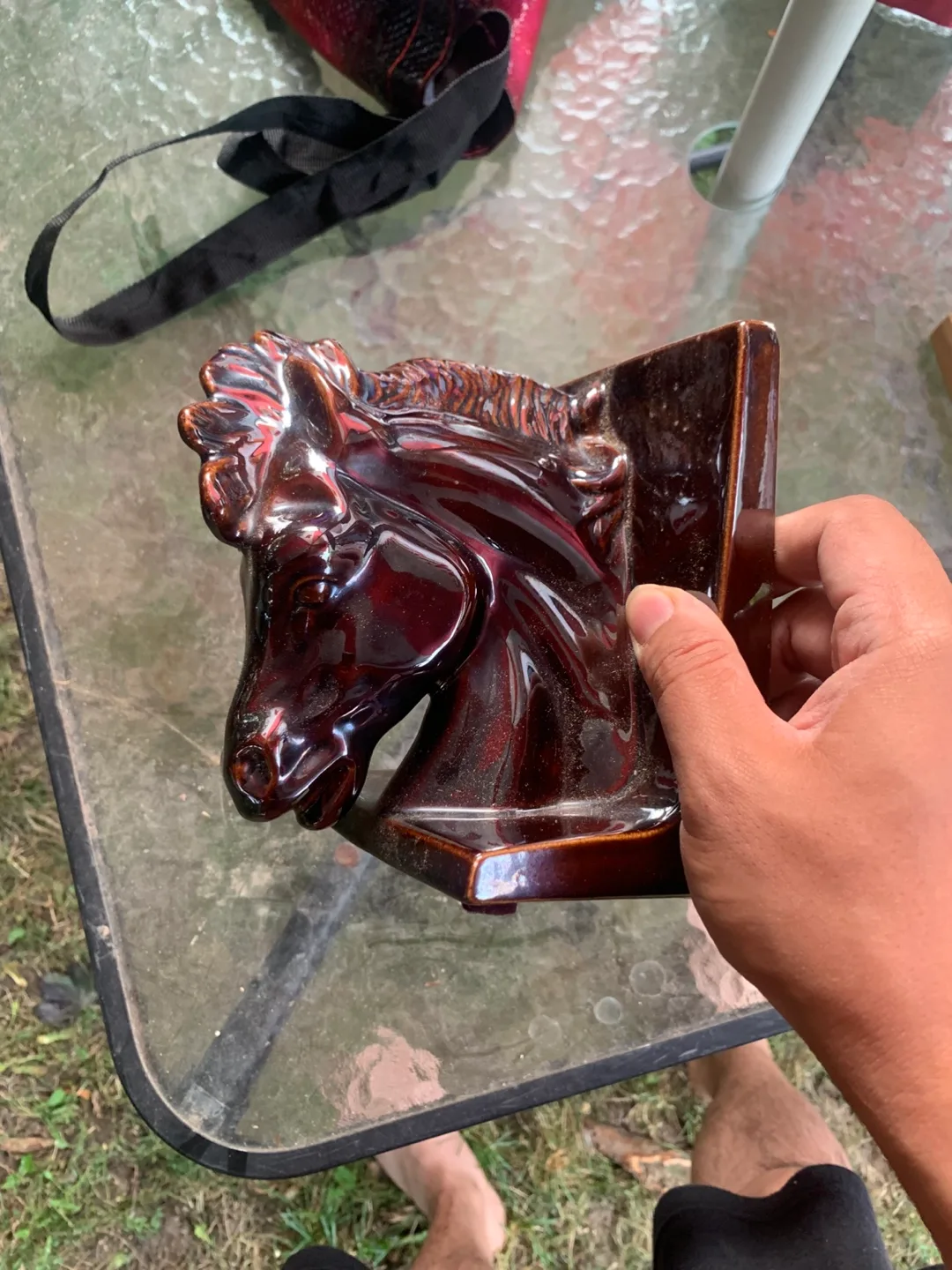 2 Piece Antique Dark wood Shelves and Horse Books Stand image indicator(8)