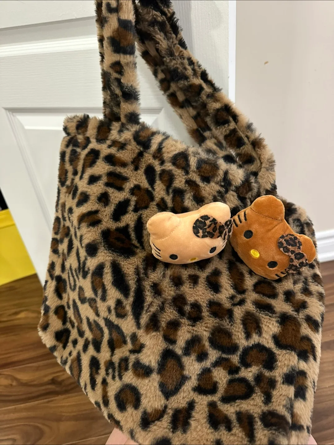 Leopard Print Fuzzy Tote Bag with Hello Kitty Charms thumbnail