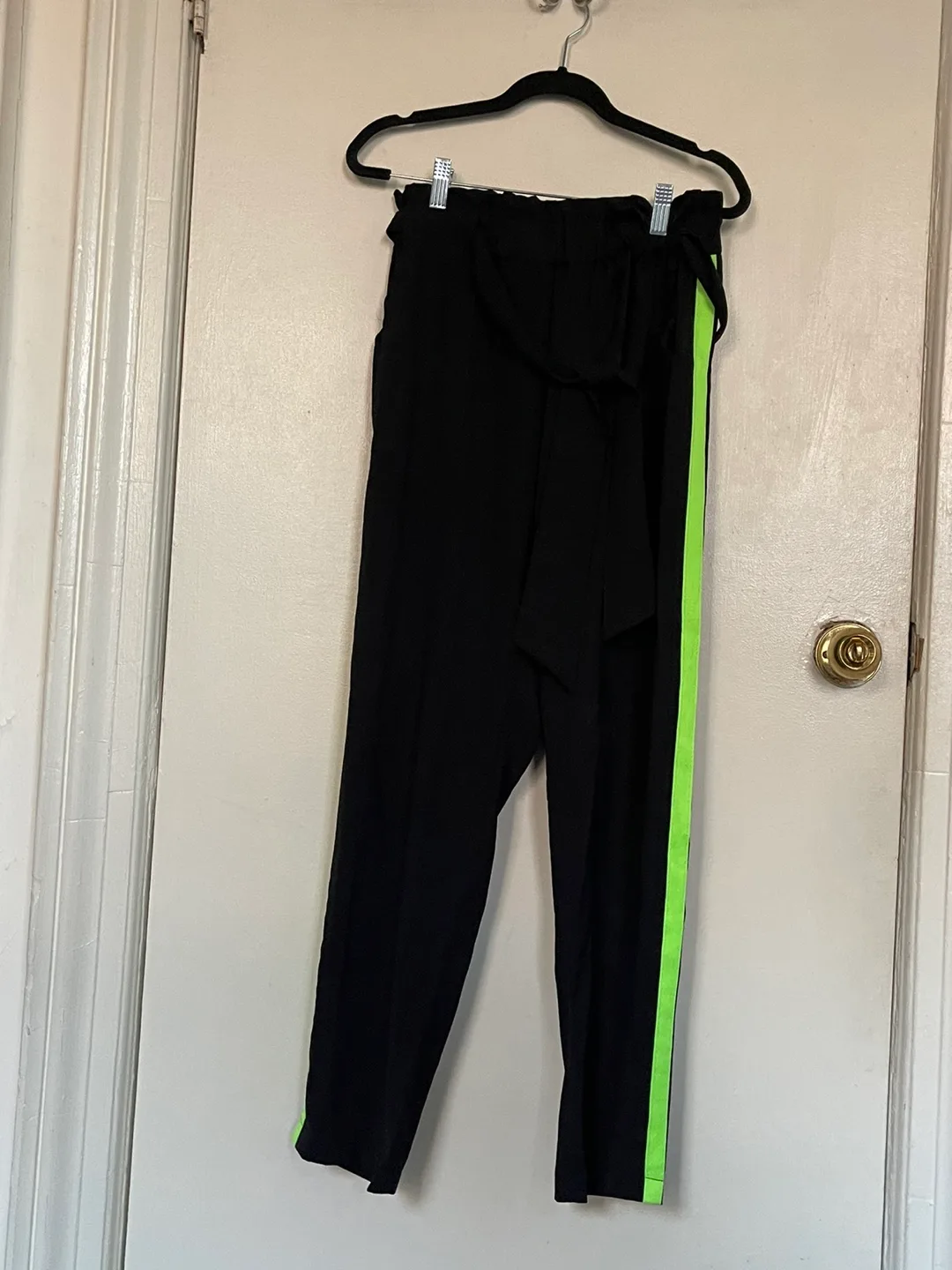 Black Paper Bag Waist Pants with Green Stripe thumbnail