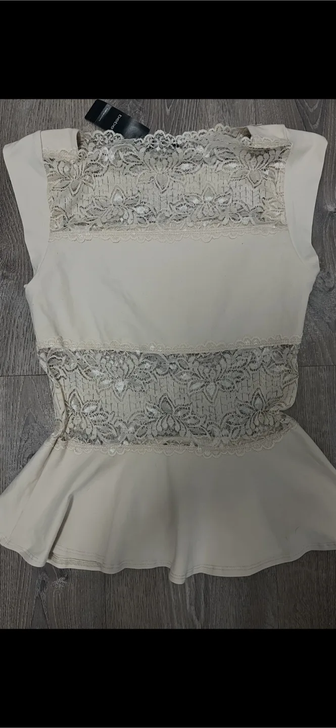 Bebe Lace Panel Midrif Peplum Top - Size M thumbnail