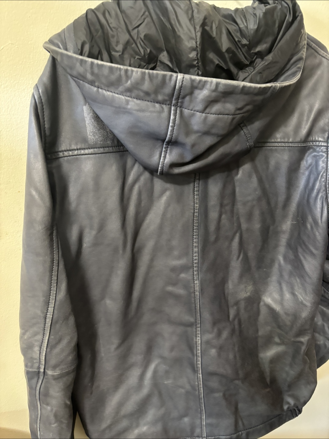 Navy Leather Jacket with Hood - photo 2