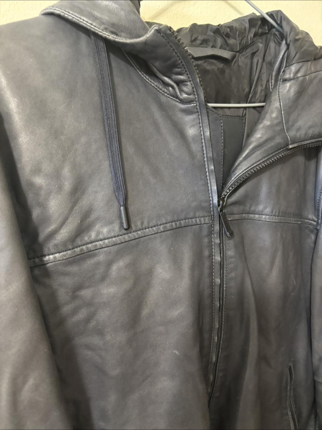 Navy Leather Jacket with Hood - photo 4