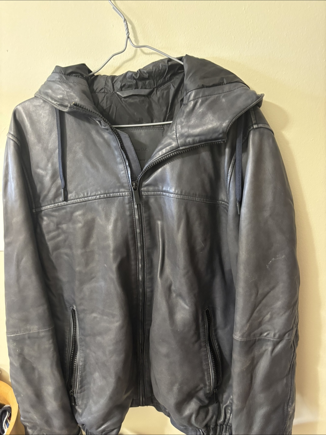 Navy Leather Jacket with Hood