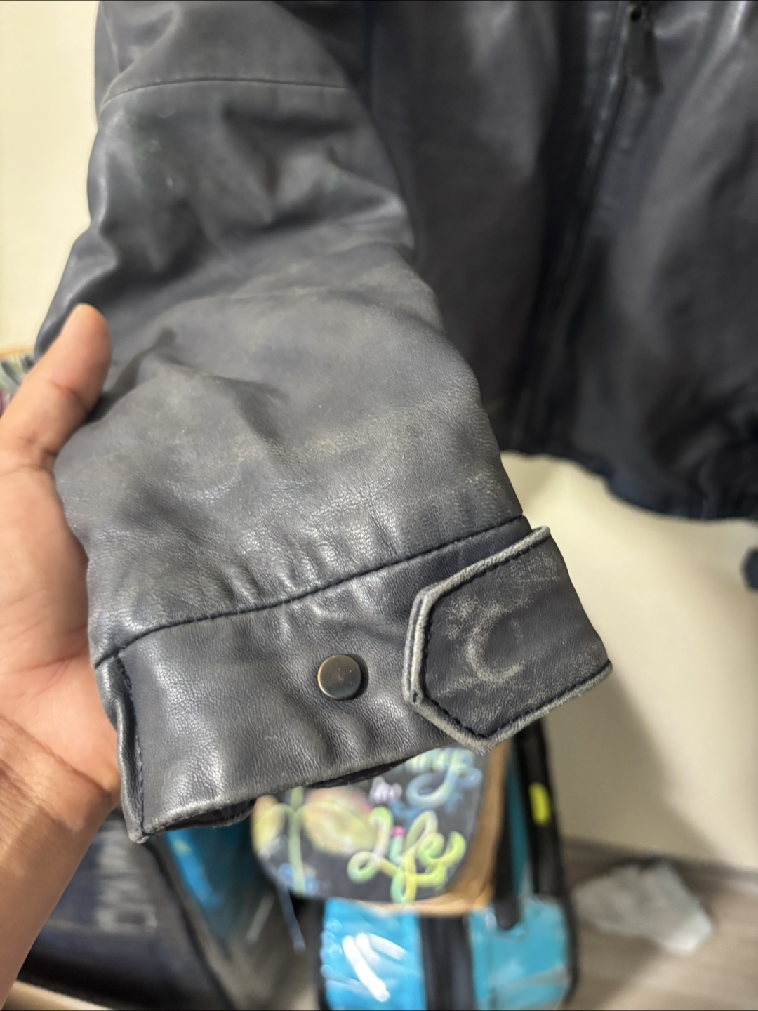 Navy Leather Jacket with Hood - photo 3