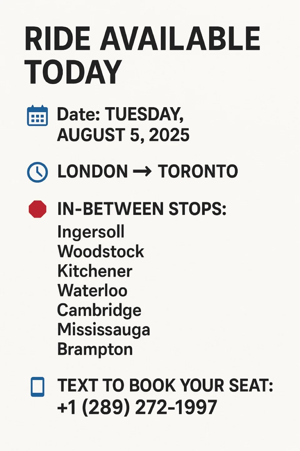 Ride Available: London to Toronto - August 5, 2025 thumbnail