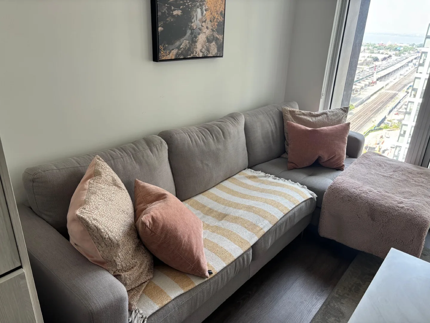 Grey Sectional Couch with Pillows thumbnail