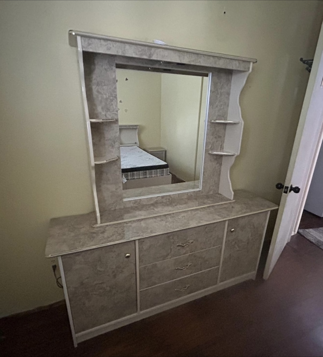 Beige Marble-Finish Dresser with Mirror