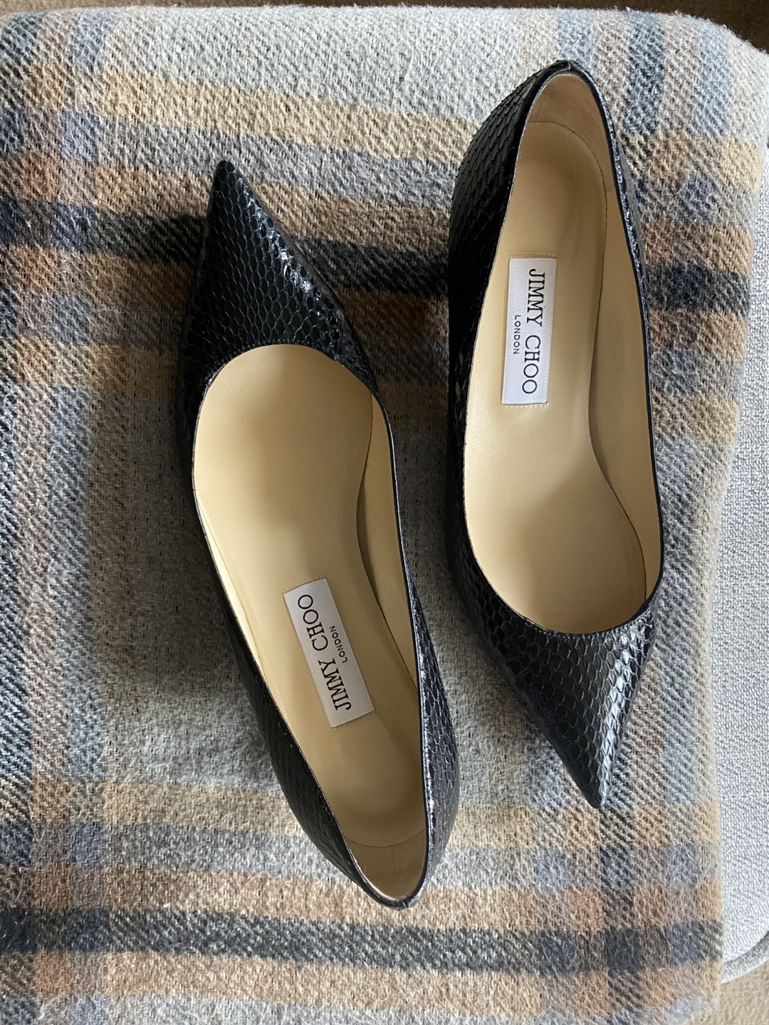 Jimmy Choo Black Snake Embossed Heels - Size 38.5
