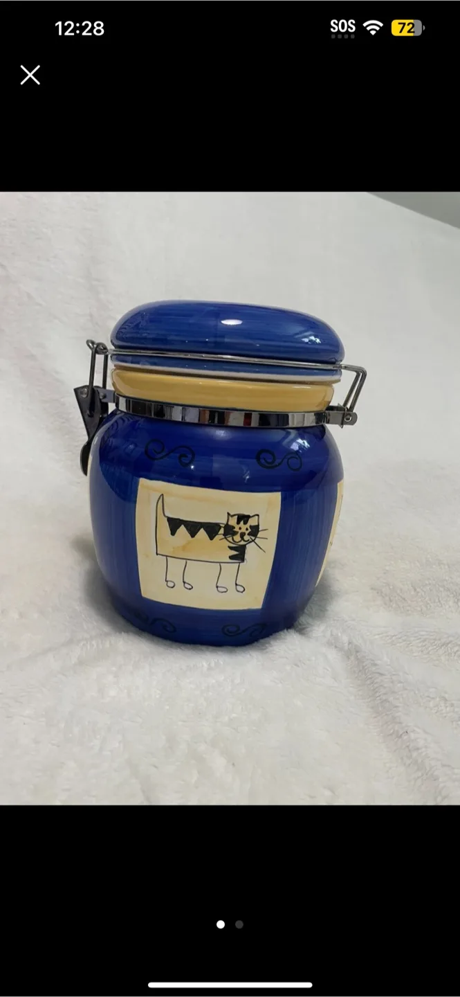 Blue Ceramic Jar with Cat Design 🧡 thumbnail