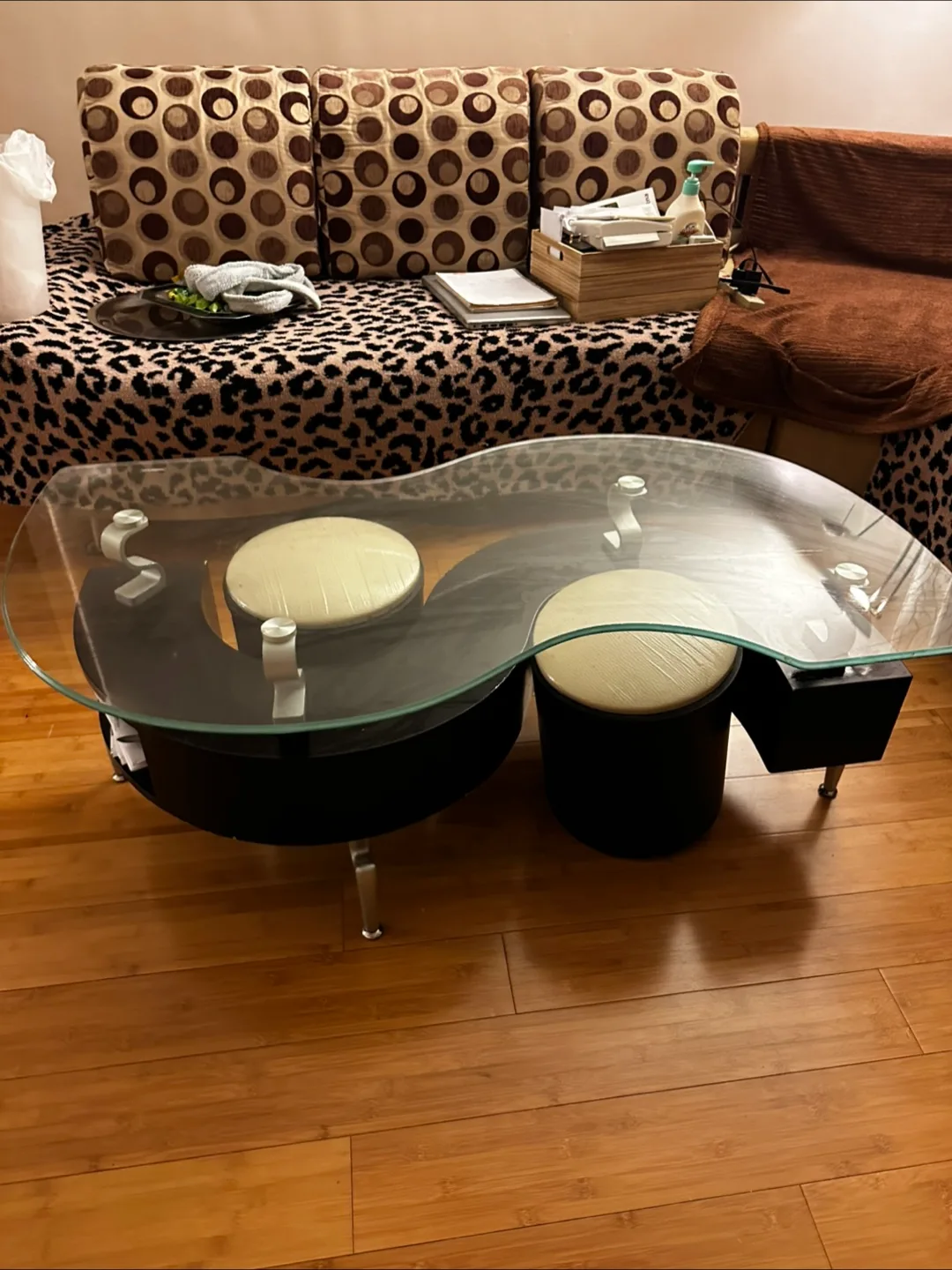Yin Yang Style Glass Coffee Table with Stotage thumbnail