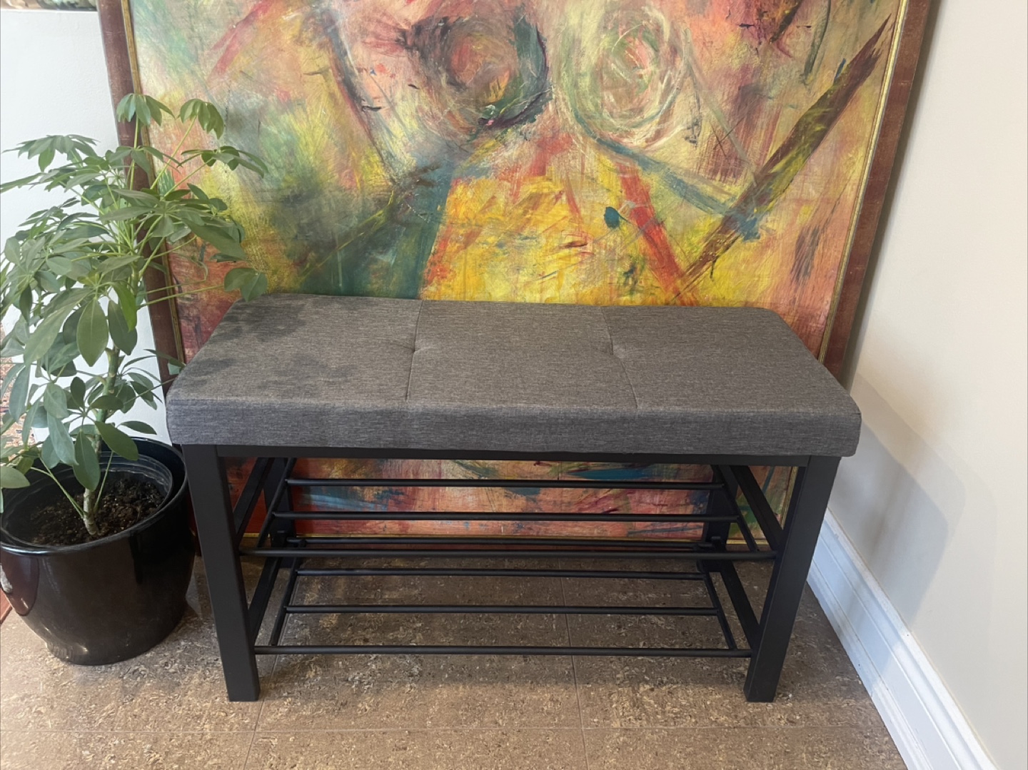Upholstered Bench with Shoe Rack - Grey and black metal