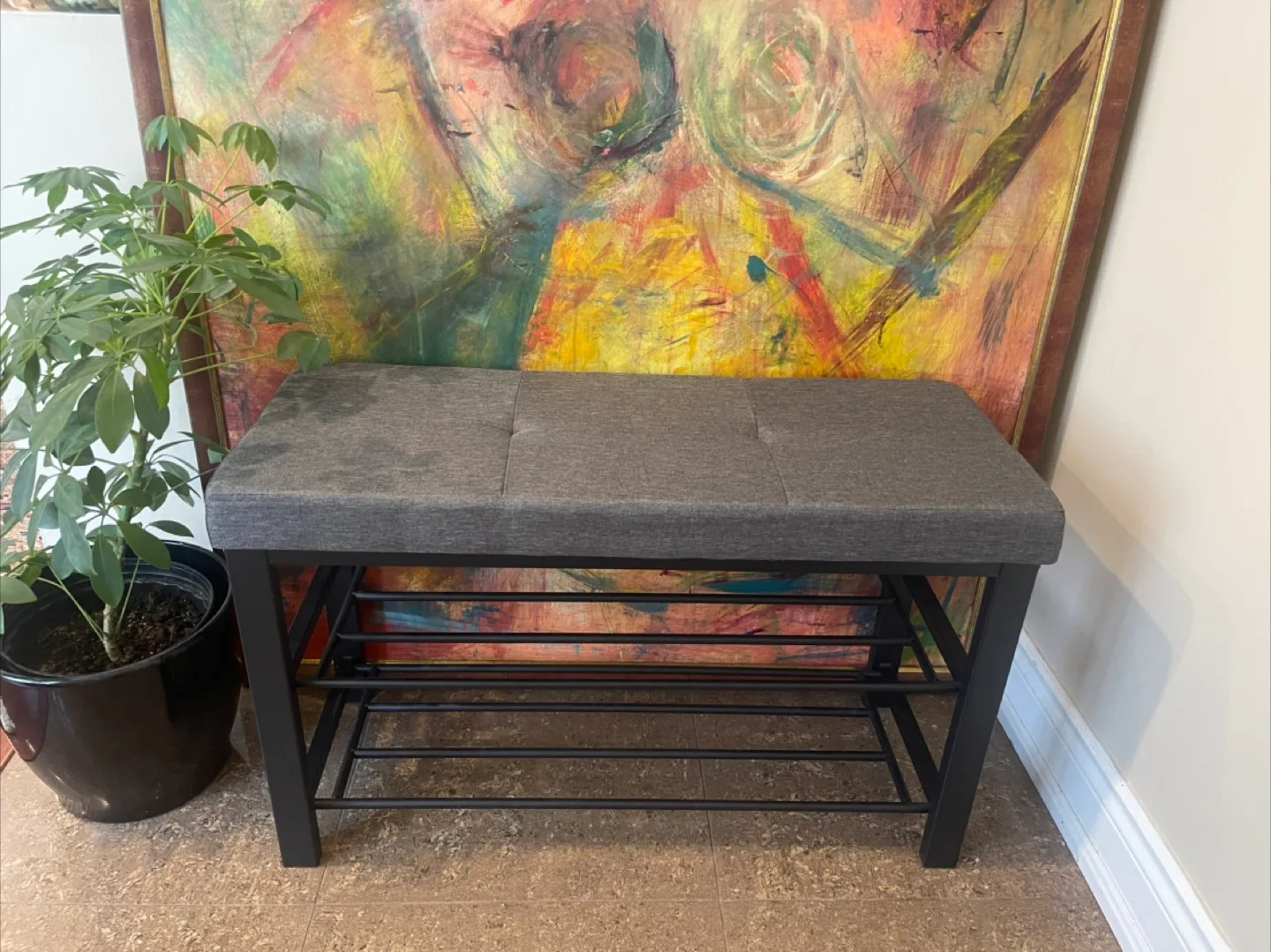 Upholstered Bench with Shoe Rack - Grey and black metal thumbnail