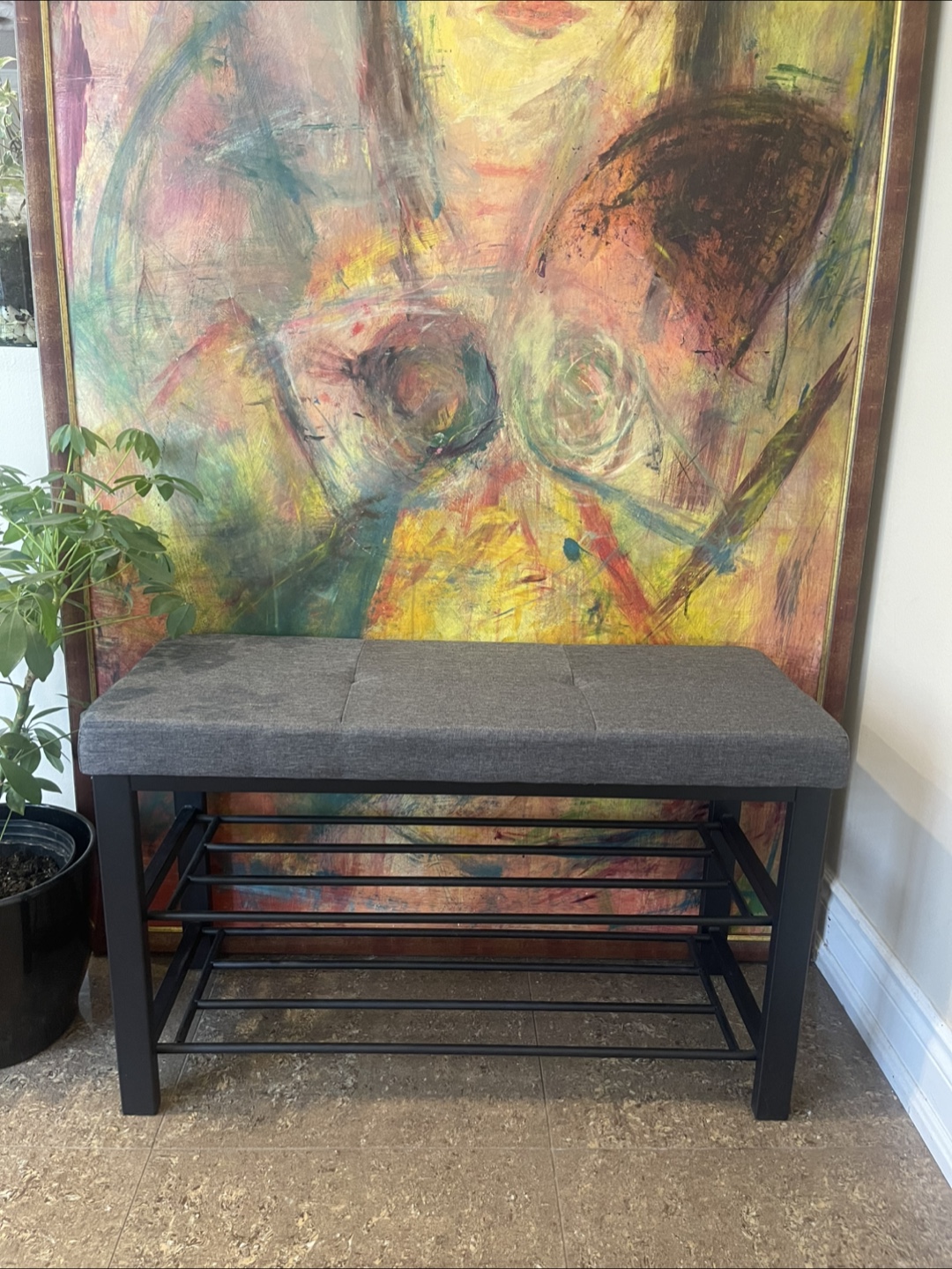 Upholstered Bench with Shoe Rack - Grey and black metal - photo 2