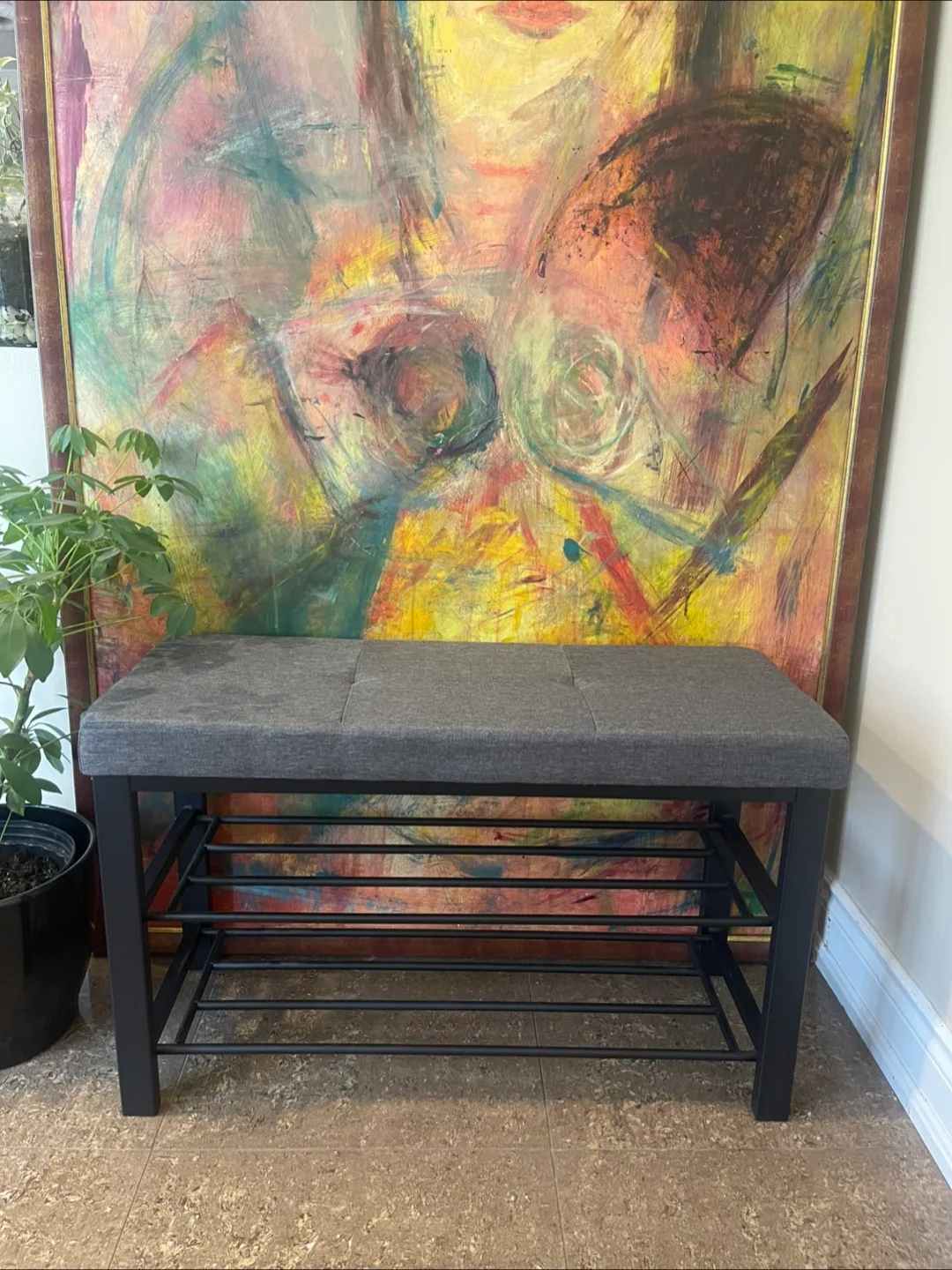 Upholstered Bench with Shoe Rack - Grey and black metal image indicator(2)