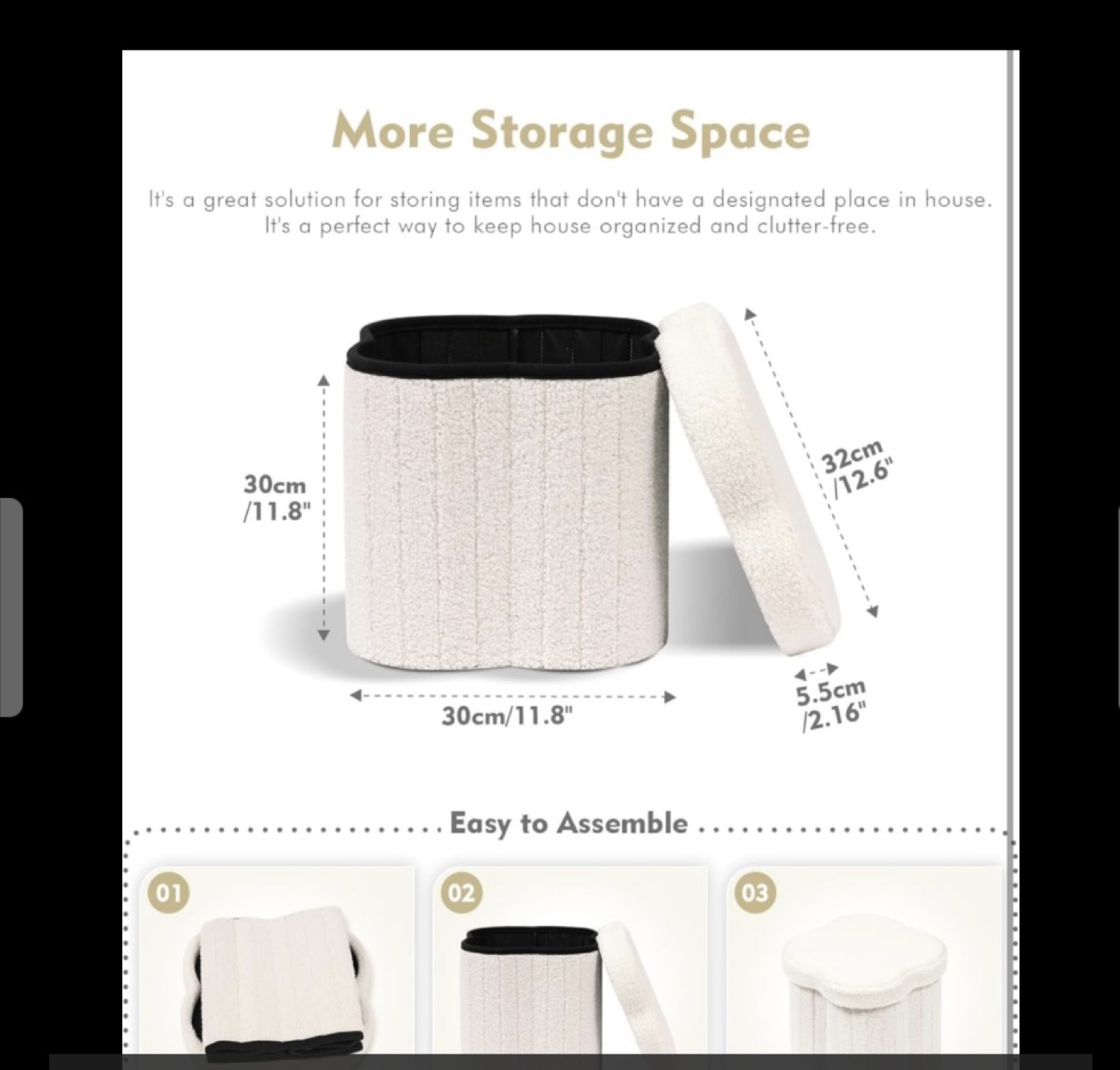 Cream Sherpa Storage Ottoman Stool - New! - photo 3