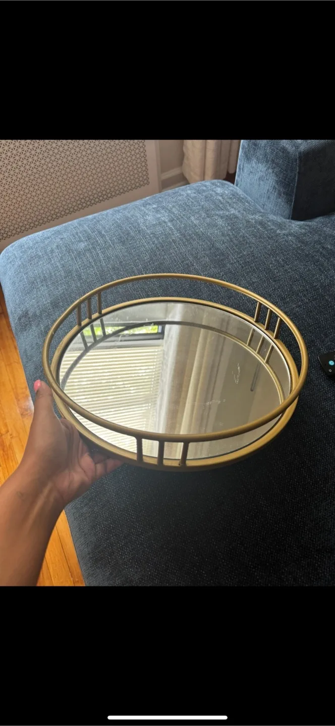 Gold Round Decorative Tray with Mirror Base 🧡 thumbnail
