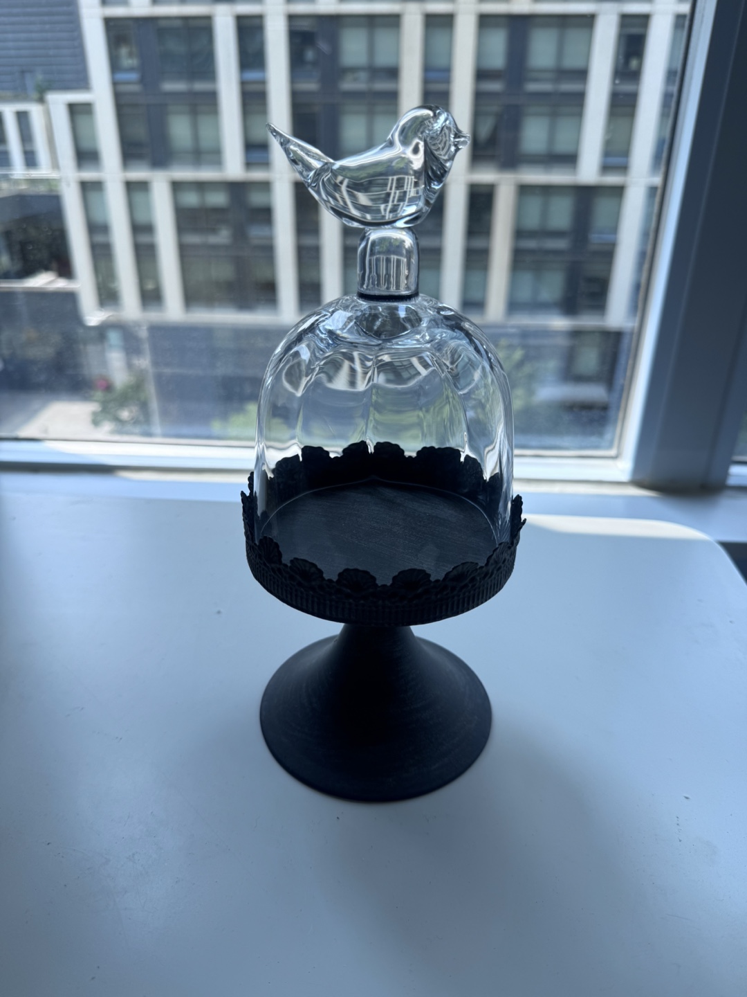 Glass Cloche with Bird & Black Metal Stand