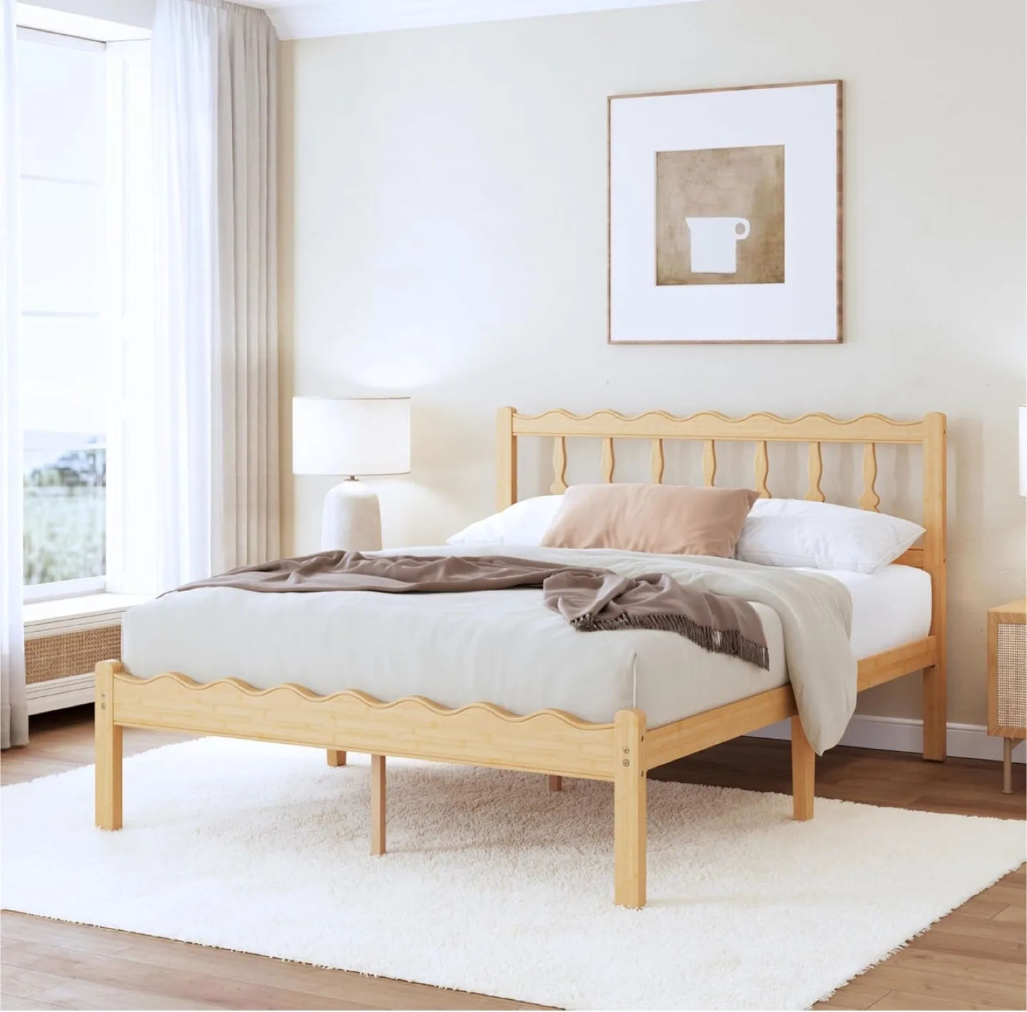 Solid Bamboo Wood Queen Bed Frame with Headboard, 14” Platform thumbnail