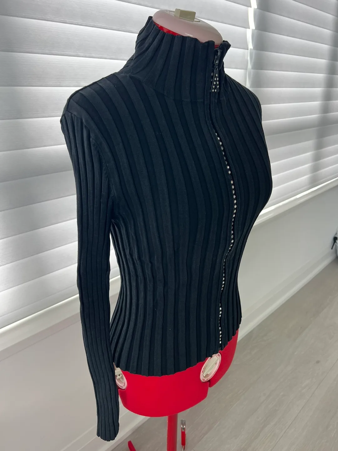 Black Ribbed Knit Zip-Up Sweater thumbnail