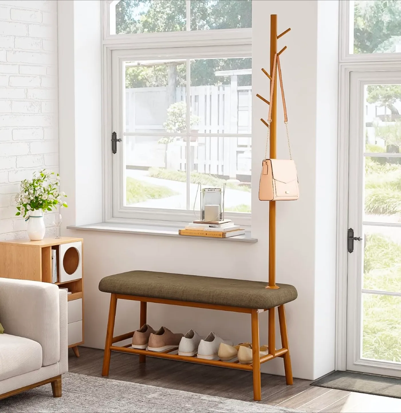 Bamboo Bench with Coat Rack - Hallway Organizer thumbnail