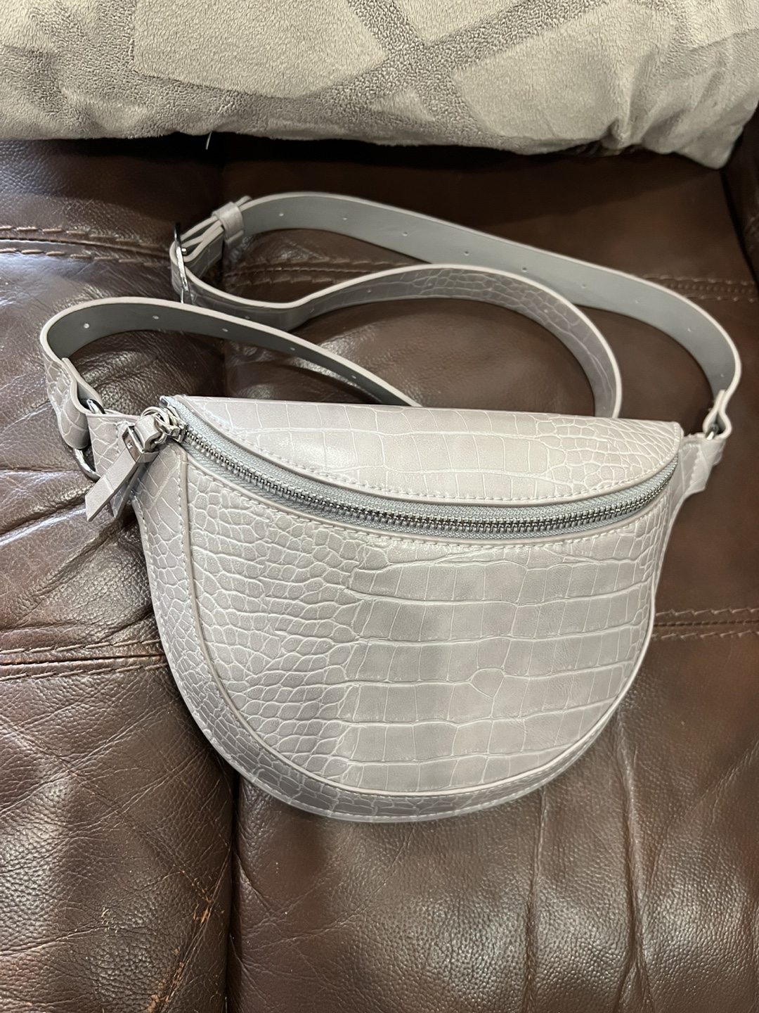 Grey Croc-Embossed Belt Bag