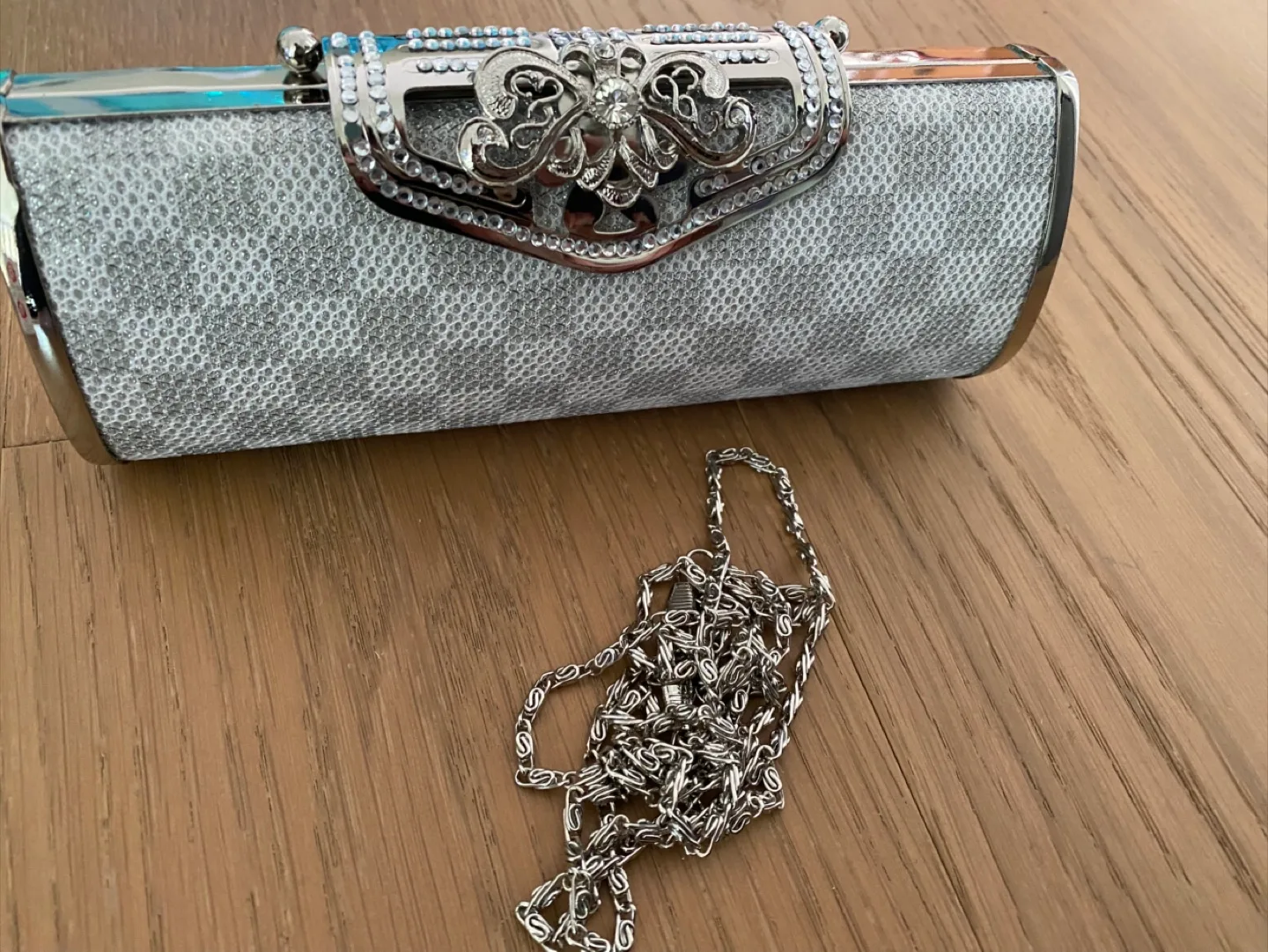 Silver Embellished Clutch with Chain Strap image indicator(3)