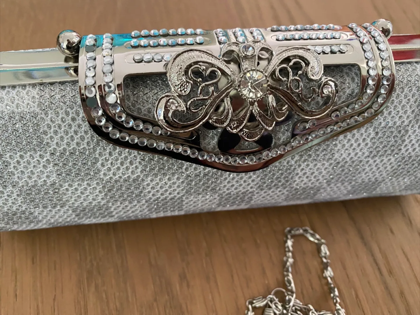 Silver Embellished Clutch with Chain Strap image indicator(2)