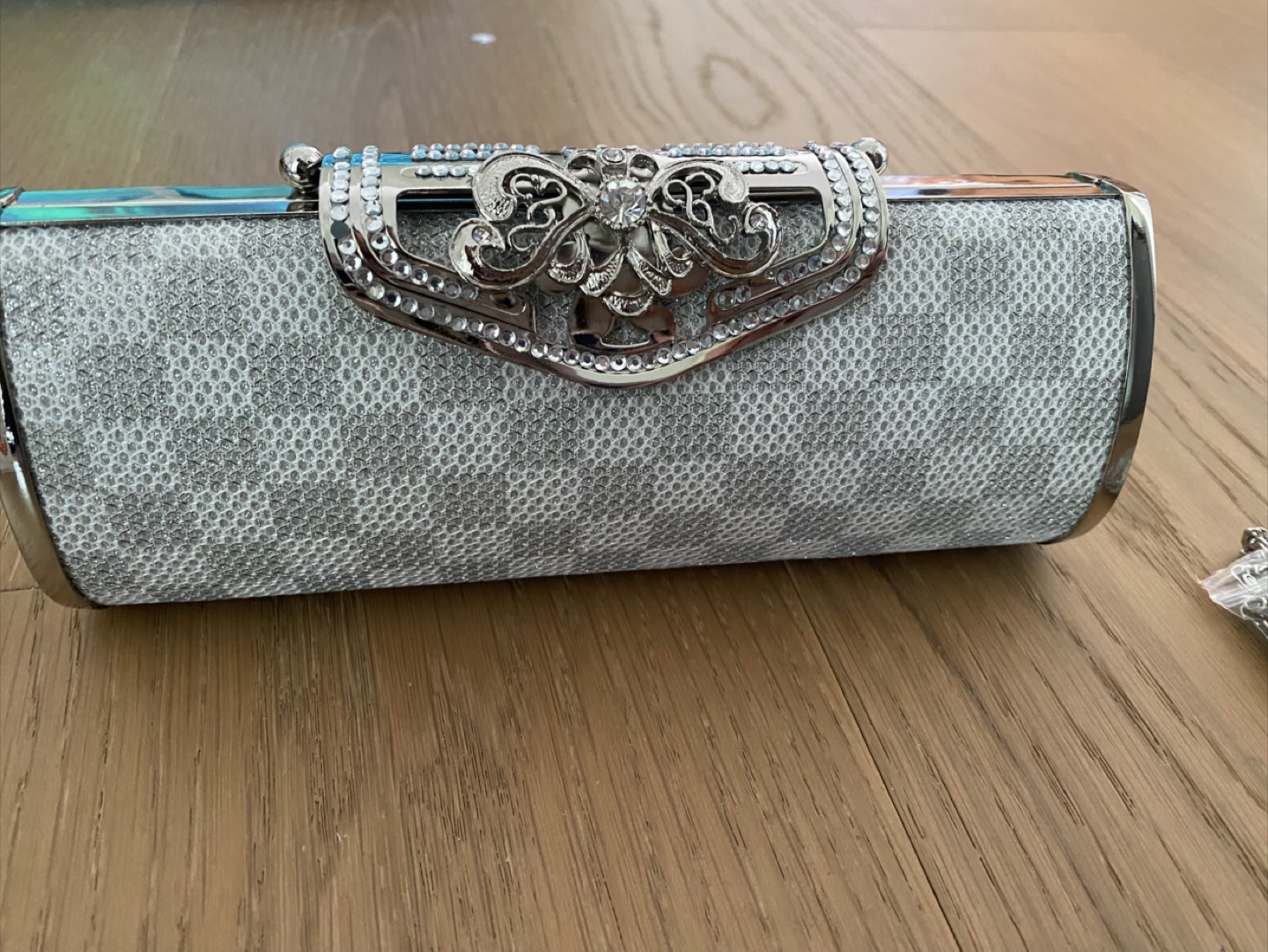 Silver Embellished Clutch with Chain Strap