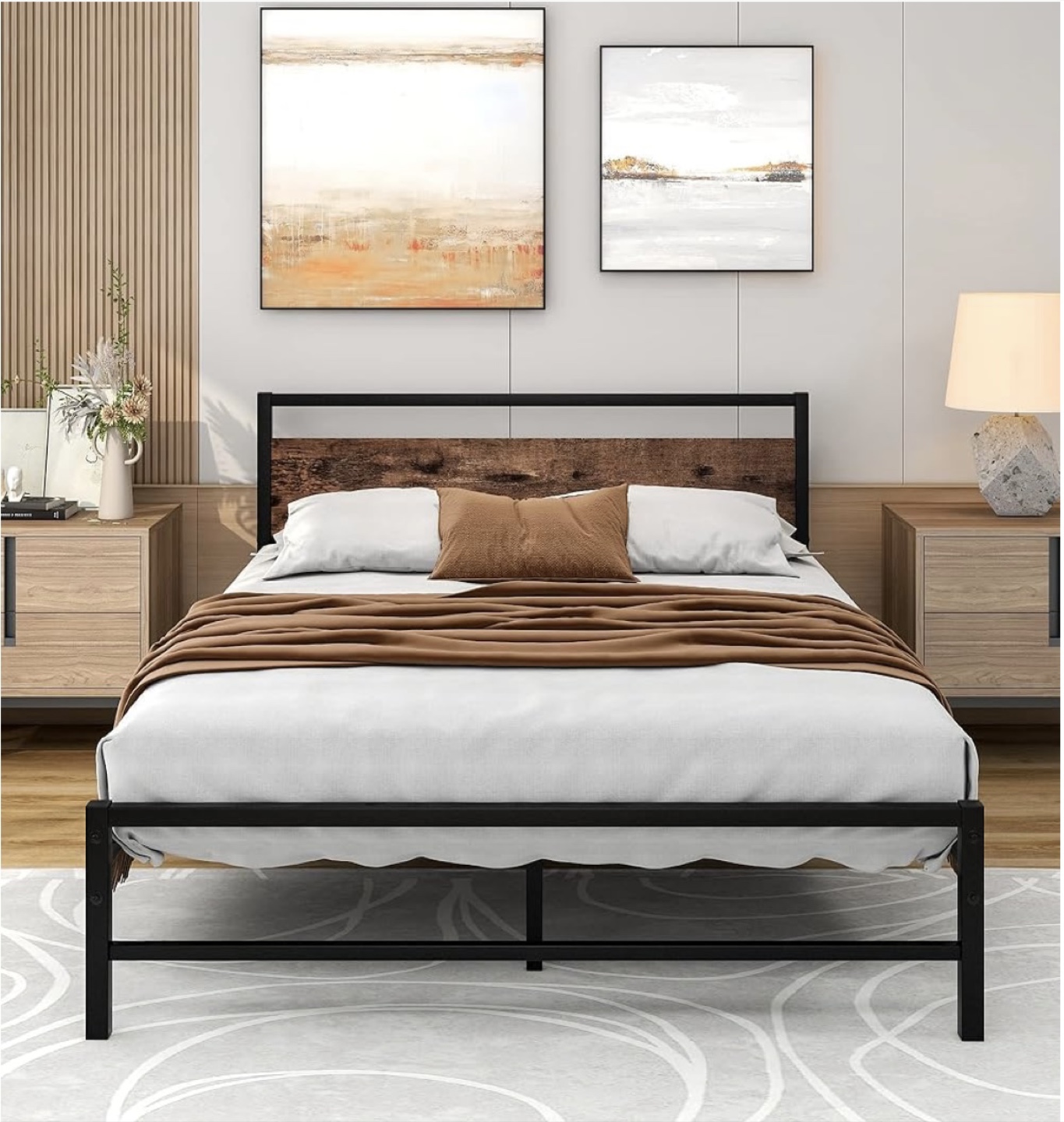 Black Metal Bed Frame with Wood Headboard (Queen) - photo 3