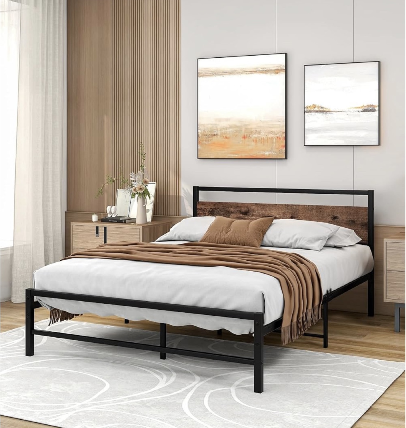 Black Metal Bed Frame with Wood Headboard (Queen) - photo 4