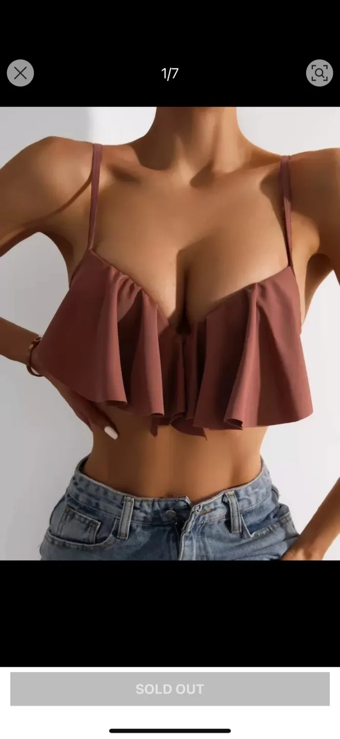 Brown Ruffle Bikini Top - Size M thumbnail