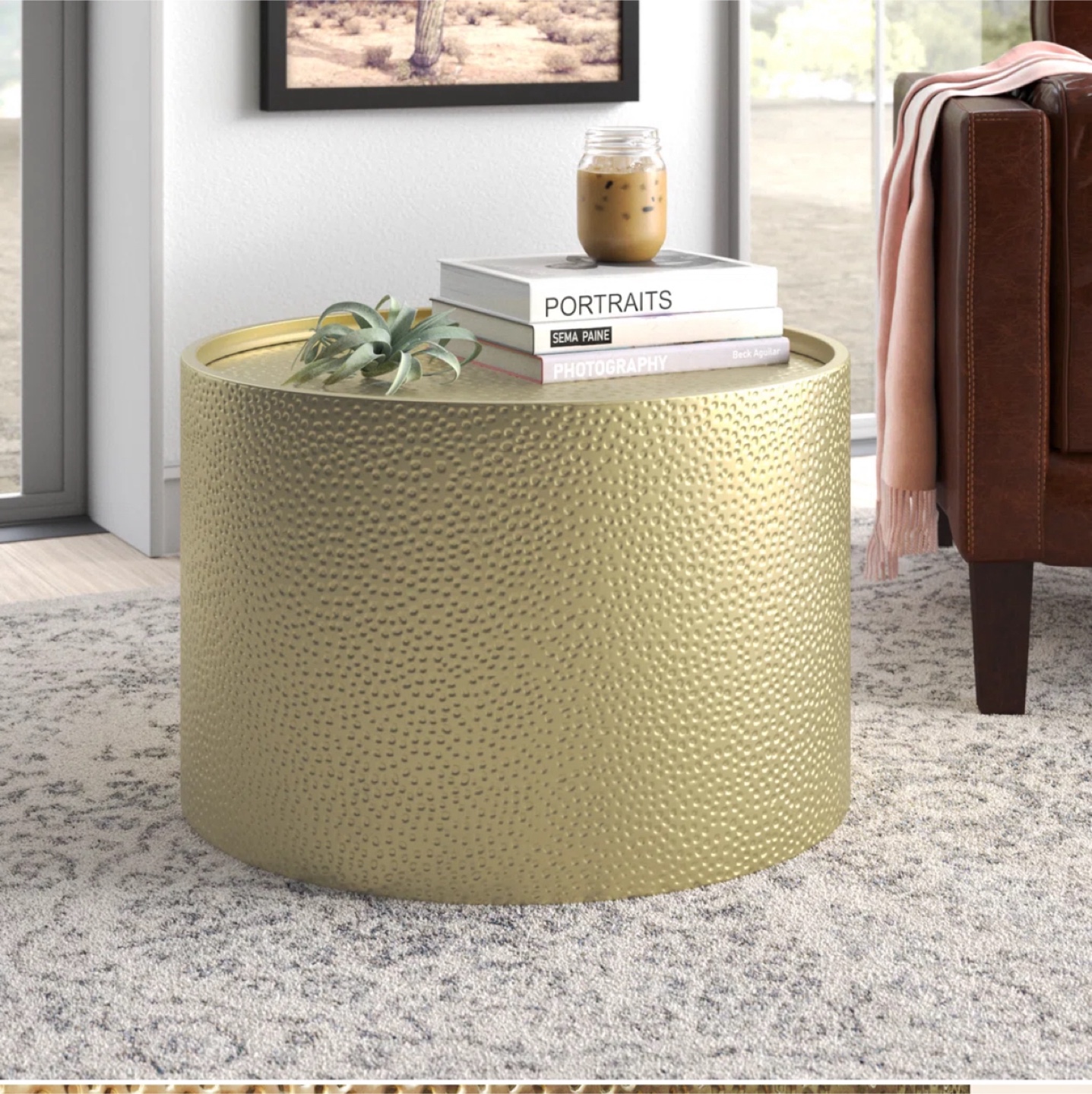 Gold iron hammered drum coffee table